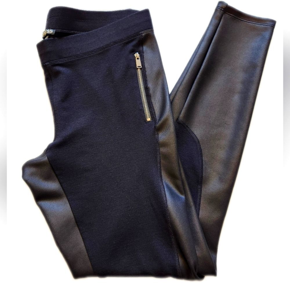 Express black fabric/faux leather stretch skinny leggings, zipper pockets, M